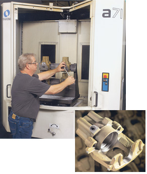 Operator sets up ductile iron brake calipers for machining on META Mfg.’s Makino a71 HMC. Caliper production requires 33 operations, including milling, drilling and boring.